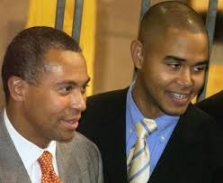 Deval Patrick stands with Elvis Mendez, the President of the UMass Student Government, during the &quot;Fresh Start for Massachusetts&quot; event at the Curry Hicks ... - 10702825-large