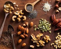 Image of flax seeds, walnuts, chia seeds, and spinach