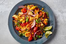 Halloumi With Corn, Cherry Tomatoes and Basil