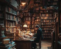 Imagen de person reading an old book in a dimly lit library, in Dark Academia style