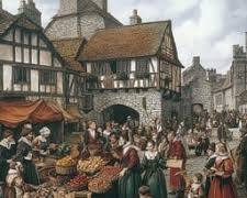 Image of bustling Elizabethan marketplace