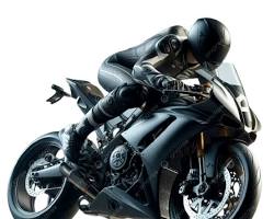 Imagen de motocicleta deportiva en curva inclinada primer plano sistema de dirección horquilla de cerca