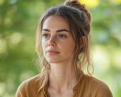 Imagen de woman with long, flowing brown hair sits in a peaceful garden, her eyes closed, a gentle smile gracing her lips. Sunlight filters through the leaves of the trees, dappling the grass around her. She wears a simple white dress, and her hands rest gently in her lap. The serene expression on her face suggests a state of deep relaxation and inner peace. The image is bathed in warm, natural light, creating a sense of tranquility and harmony.  The focus is on the woman's peaceful expression, with the garden providing a soft, natural backdrop.