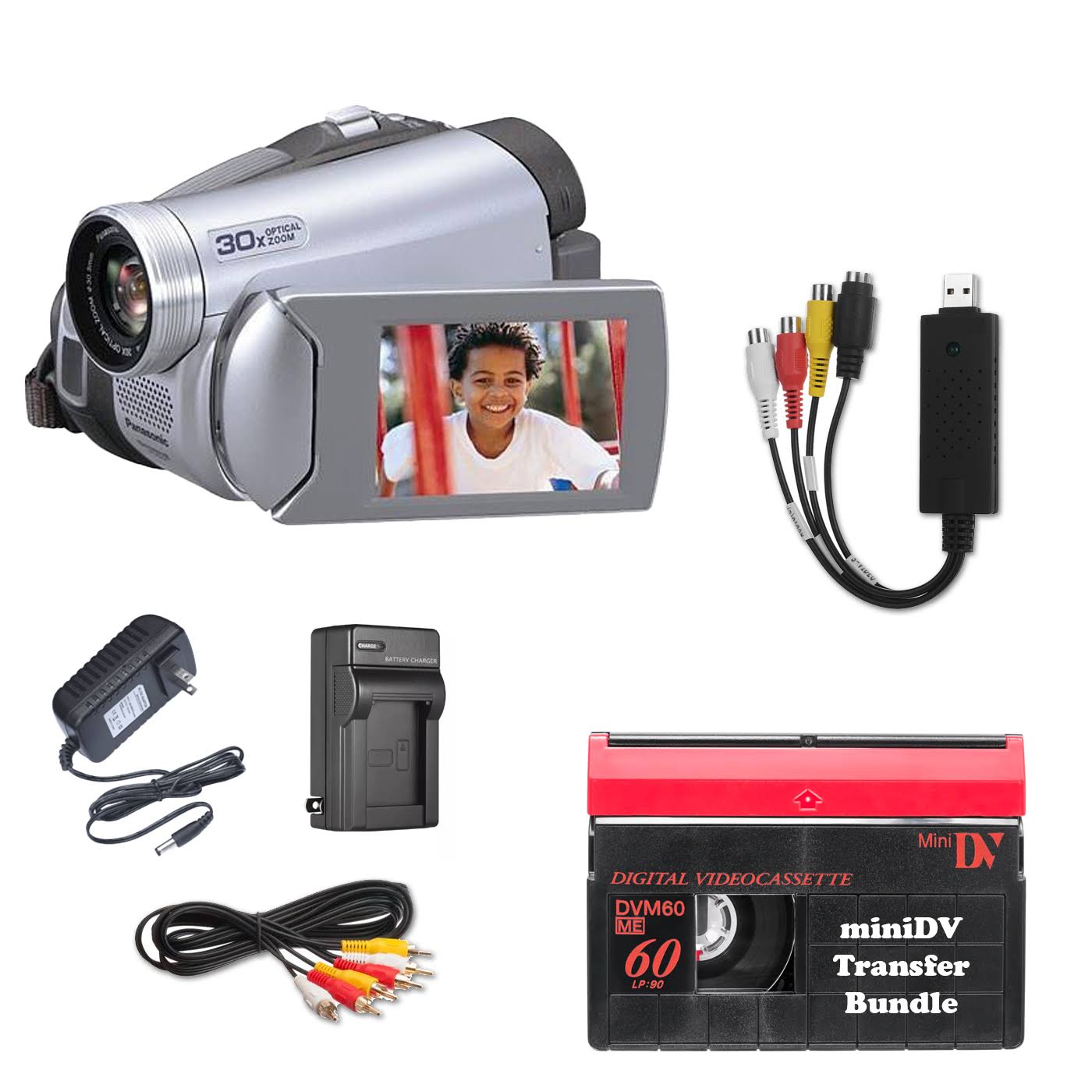 miniDV Tape Player Bundle, Play and Transfer DVC tapes w/ Camcorder, USB