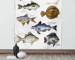 living room decorated with freshwater fish themed itemsの画像