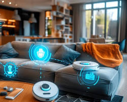 Изображение: modern, minimalist living room with integrated smart home technology, including smart lighting, automated blinds, and a central control panel