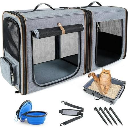 2-in-1 Cat Travel Carrier with Litter Box, (17.7 inch x2) x16.5 inchx13 inch Large Cat Carrier with Zipper Locks for Moving Across The Country (No
