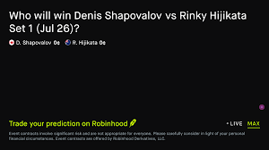 July 28, 2026: Denis Shapovalov vs Rinky Hijikata: Set 1 Winner Tennis Prediction Market