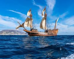 Image of pirate ship sailing on the sea