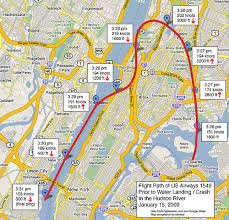 Approximate flight path of US Airways Flight 1549 prior to crash / water landing on the Husdon River in New York City on January 15, 2009. Jim