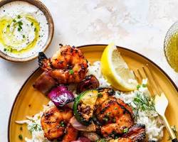 Image of Greek Salmon Skewers with Lemon Dill Yogurt Sauce