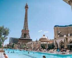 Image of Paris Las Vegas pool area with Eiffel Tower in background