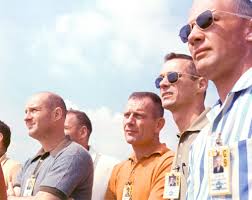 Astronauts (left to right) Tom Stafford, Jim Lovell (behind Stafford), Deke Slayton, Gene Cernan and Buzz Aldrin watch ... - 66_66-HC-297