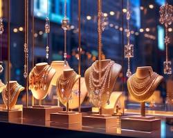 Image of shop window displaying gold jewelry