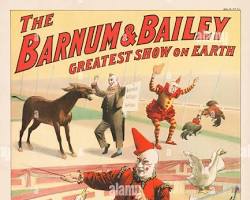 Image of vintage circus poster from the 1870s, advertising a spectacle of exotic animals, daring acrobats, and clowns, capturing the vibrant atmosphere of the era