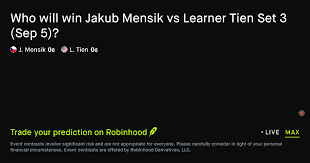 September 5, 2026: Jakub Mensik vs Learner Tien: Set 3 Winner Prediction Market