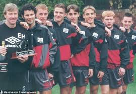 The famous Class of &#39;92: Ryan Giggs, Nicky Butt, David Beckham, Gary and Philip Neville, Paul Scholes and Terry Cookoe pose with coach Eric Harrison - article-2636066-0C4158B000000578-439_634x439