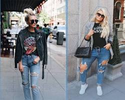Image of Casual Chic outfit with ripped jeans, graphic tee, and sneakers