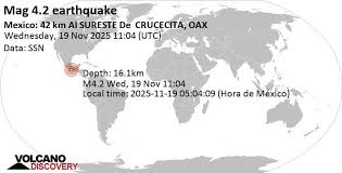 Terremoto moderado mag. 4.2 - Océano Pacífico Norte, 42 km al sureste de Crucecita, Oaxaca, México, miércoles 19 nov 2025 a las 05:04 (GMT -6)