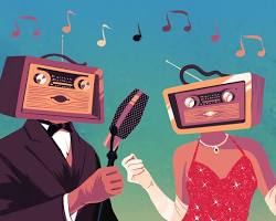 Image of history of radio advertising 1920s 1950s jingle singers recording studio vintage ad break