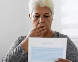 Image of person looking at a large property tax bill with a shocked expression