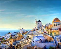 Image of Santorini's whitewashed buildings and bluedomed churches overlooking the Aegean Sea