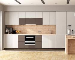 Image of minimalist kitchen with hidden appliances and a clean countertop