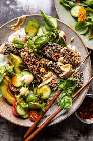 Spicy Ginger Sesame Crusted Salmon Bowls