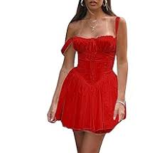 Women's Square Neck Bustier A-line Dresses Sleeveless Tank Top Lace Trim Stretch Flare Mini Dresses - Product from Amazon.com