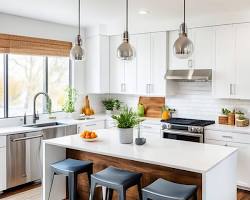 Gambar Dapur estetik minimalis modern dengan kitchen set putih dan island