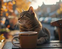 cat sitting next to a mug with its photo on itの画像