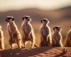 meerkats standing on their hind legs in the desertの画像