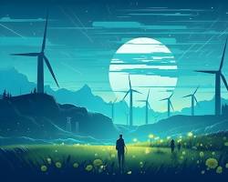 Image of person walking towards a green landscape with wind turbines in the background