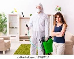 Image de satisfied customer with pest control technician royalty free