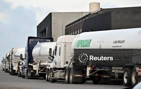 Licensable picture: Fuel trucks line up outside the tank farm at the launch pad 2 complex where preparations continue for the 12th test flight of the SpaceX Starship