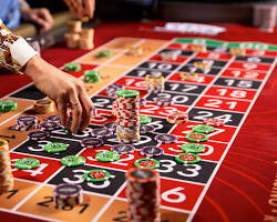 casino gambling with roulette wheel and cards, AI generated