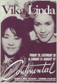 Poster advertising Vika &amp; Linda Bull performing at The Continental in 1997. Poster advertising performance by Vika and Linda at The Continental Café, ... - vika-linda-208x300