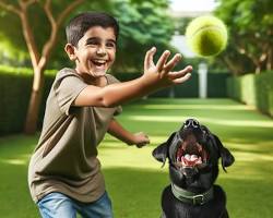 Hình ảnh về Labrador Retriever dog fetching a ball with a child