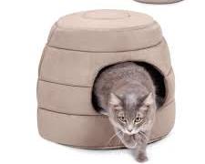 Image of cat cave and plush dog bed inside a house