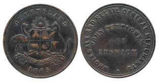AUSTRALIA Penny Token 1865 JOHN PETTIGREW Queensland copper VF-XF ... - 62117