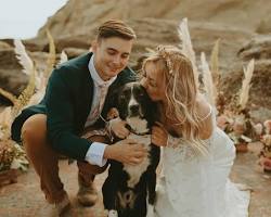 couple and their pet posing for a photo at a weddingの画像