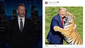 Jimmy Kimmel reacts to Trump posting an AI video of himself wrestling a tiger