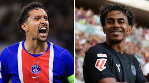 Marquinhos and Lamine Yamal ahead of the PSG Barcelona Champions League clash
