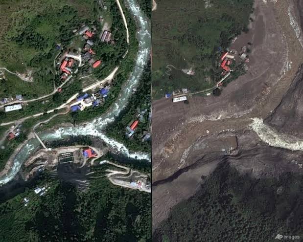 Satellite images show bedrock and glacier collapse on Nepal-China border; rivers flooded, burying villages in debris and mud