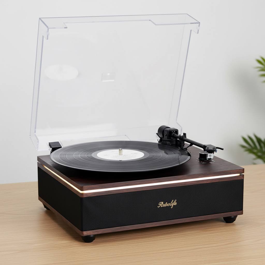 Retrolife Vintage Style Light Up Record Player with Built-in 30W HiFi Speakers & ATN3600L MM Stylus