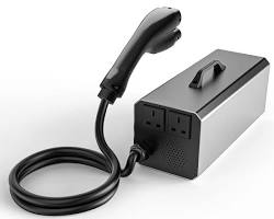 Tesla V2L discharge adapter powering electronics outside car，AI 生成