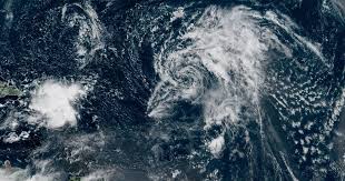 Maps show the forecast track of Tropical Storm Gabrielle, the 7th named storm of the 2025 Atlantic hurricane season