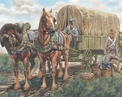 Image of Napoleonic era military logistics supply wagons