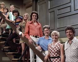 Brady Bunch 1969 TV series cast Robert Reed Florence Henderson Ann B. Davis Barry Williams Maureen McCormick Christopher Knight Eve Plumb Mike Lookinland Susan Olsen 1970s ABC television stills split screen opening house interior, AI generated