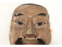 Masque de nô théâtre bois polychrome homme Gigaku O-beshimi Edo Japon XIXème - Antiques de Laval - masque-de-no-theatre-terre-cuite-homme-demon-gigaku-o-beshimi-edo-japon-xixe